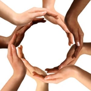 collaborating, working together, circle of hands